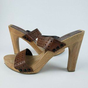 Nine West Leather Straps Wooden Heel Slip On Shoes